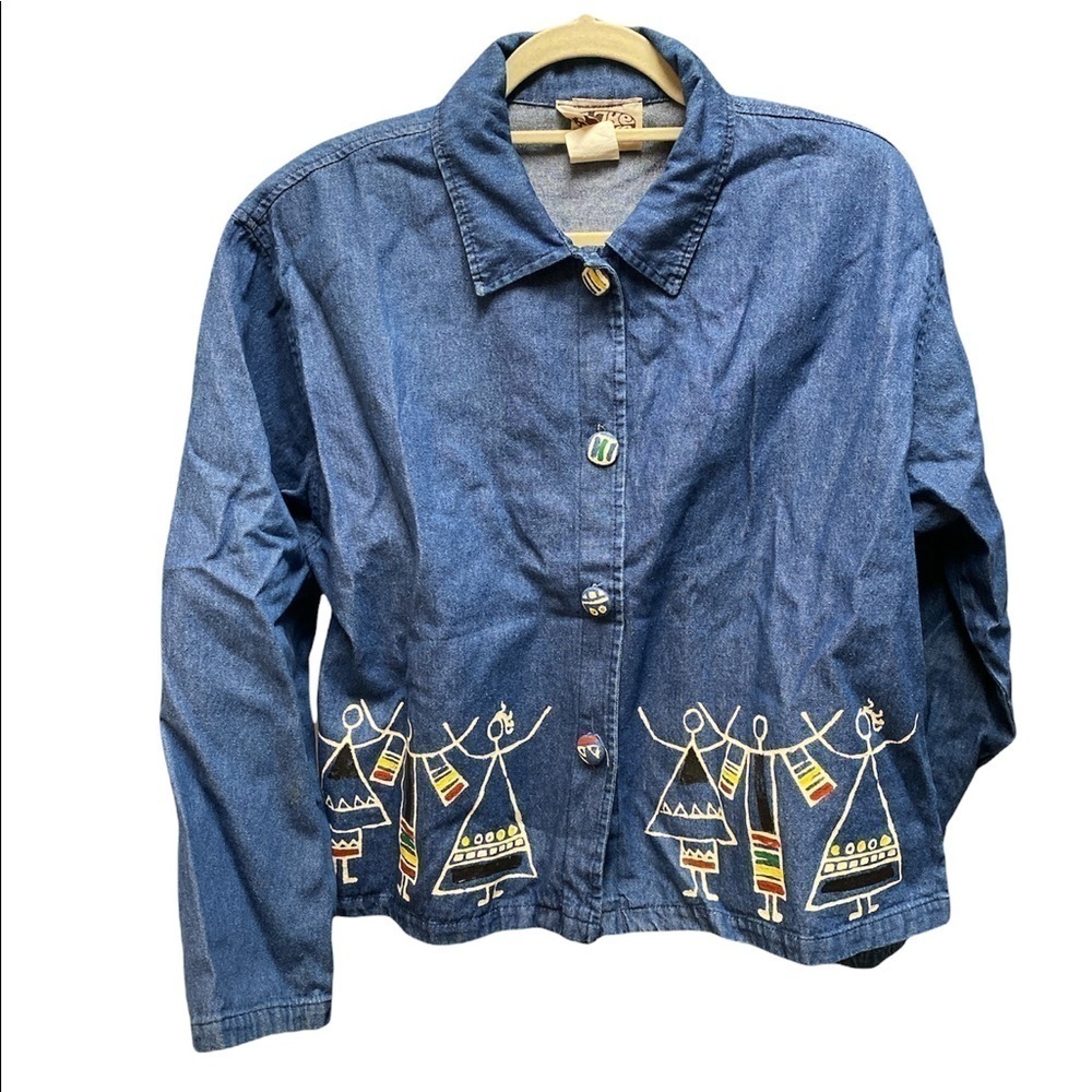 On The Rocks vintage denim button down blouse Painted designs Size large